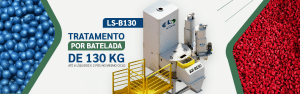 Banner da LS-B130, máquina de Tratamento de Sementes Industrial (TSI) por batelada de 130 kg, entre sementes tratadas azuis e vermelhas
