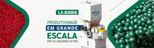 LS-B300S, máquina de Tratamento de Sementes Industrial (TSI) da LS do Brasil, entre sementes tratadas de milho e de soja.