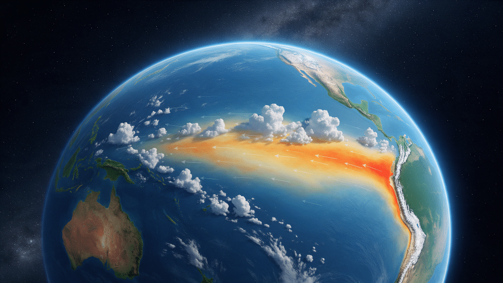 Ilustração do planeta Terra com faixa de aquecimento das águas do Oceano Pacífico Equatorial, característica do El Niño